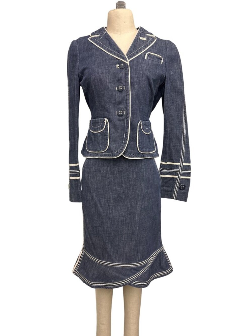 Vintage Y2K Marc Jacobs Denim Two Piece Suit Jacket Skirt Cream Piping Size 8 RN